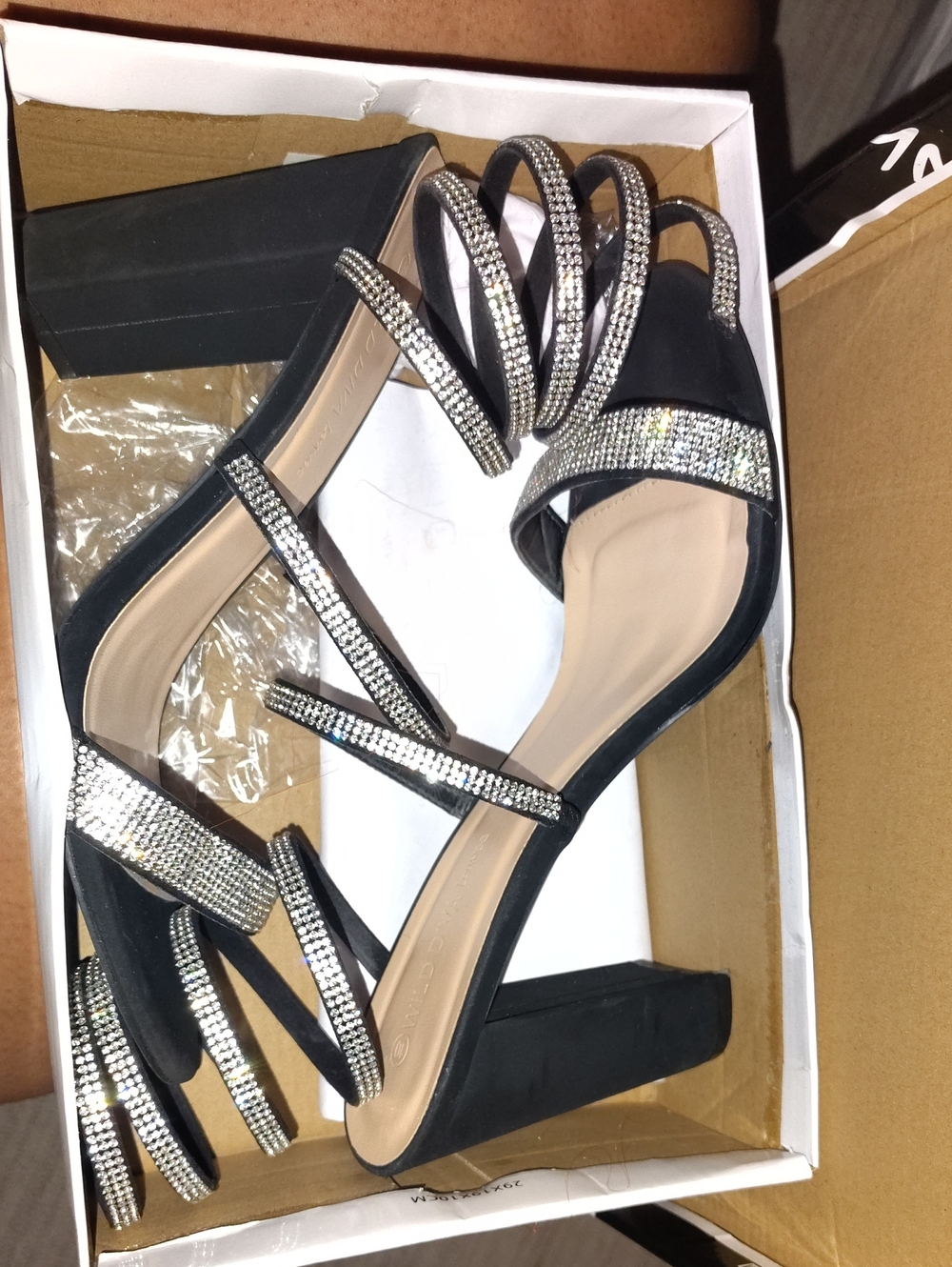 Crystal-Embellished Black Block Heel Sandals